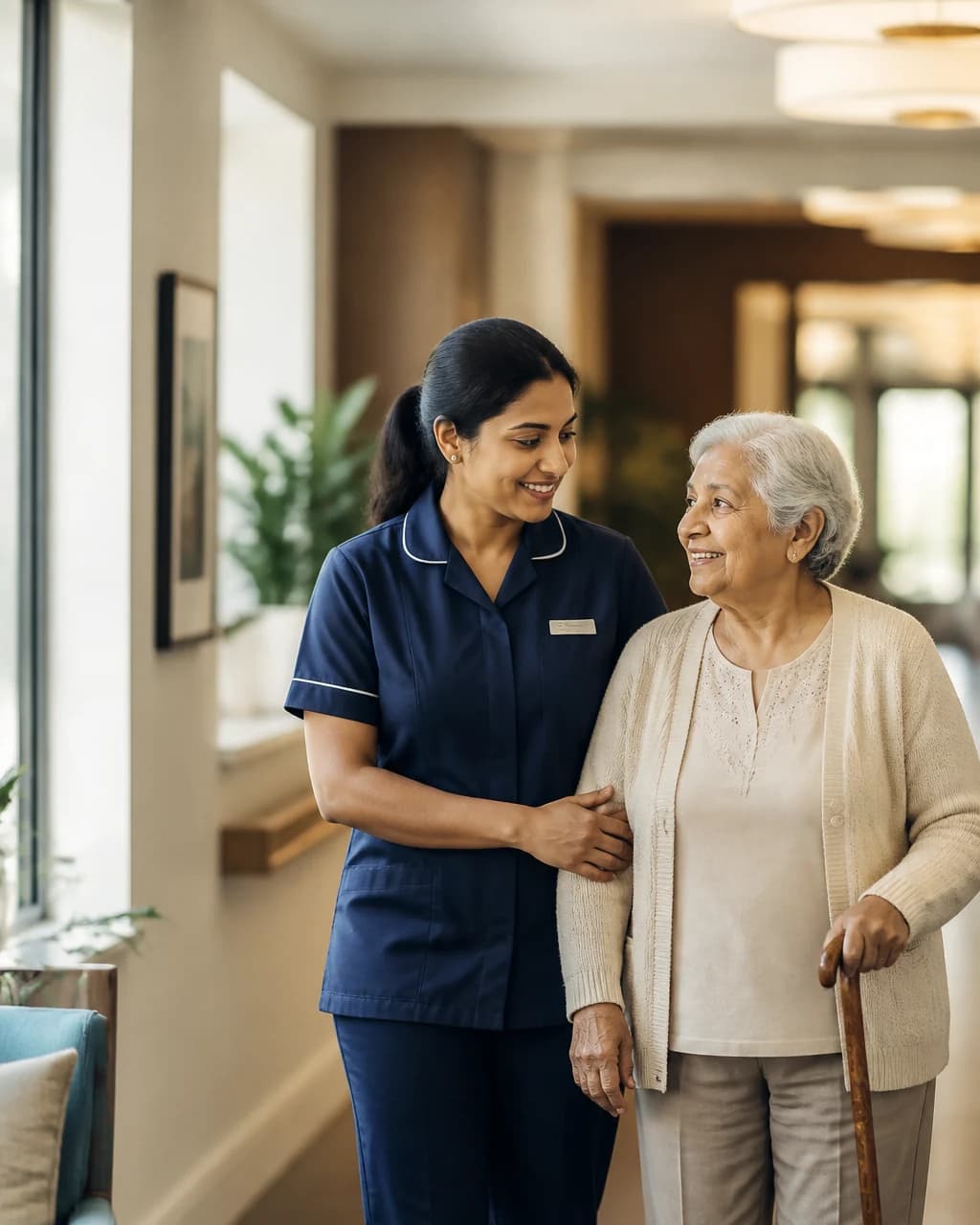 A caregiver gently supporting an elderly resident along a bright corridor at Aged Care Centre
