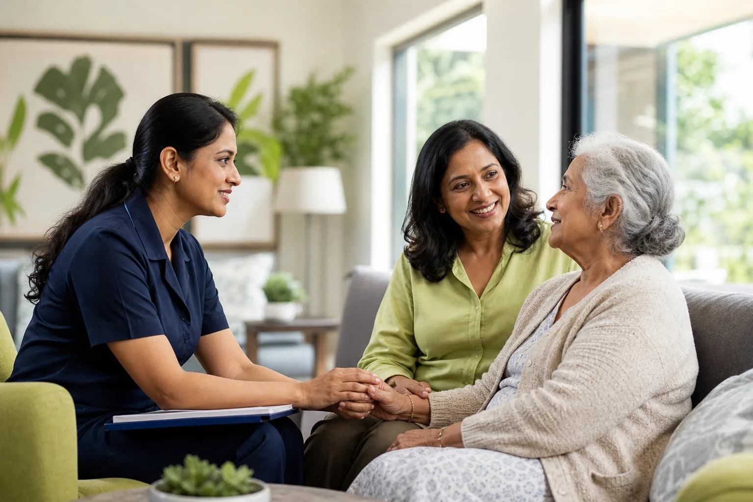 A care coordinator speaking with a family at Aged Care Centre
